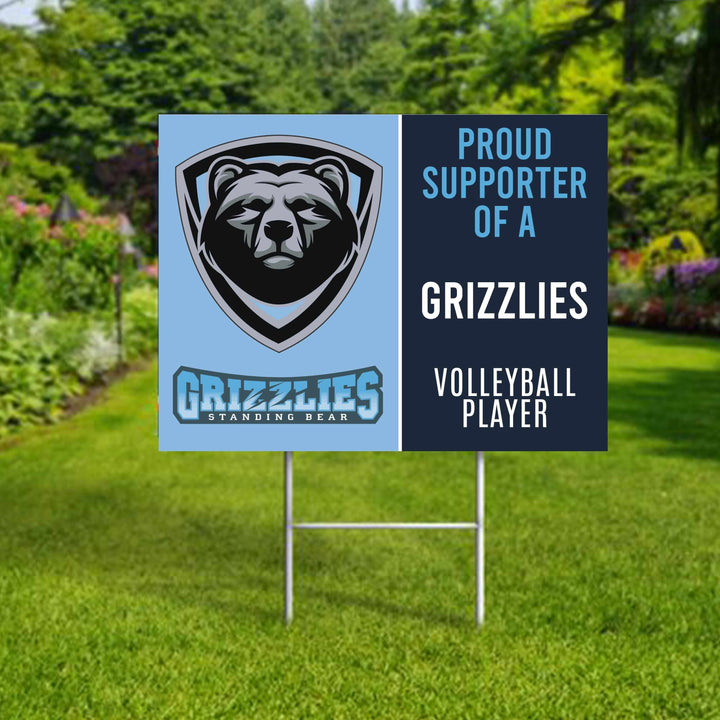 Personalized yard sign for Standing Bear Grizzlies sports team player. The sign features the team logo in the center, surrounded by a background in team colors.
