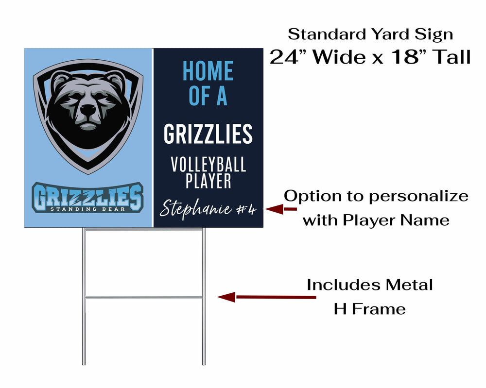 Personalized yard sign for Standing Bear Grizzlies sports team player. The sign features the team logo in the center, surrounded by a background in team colors.