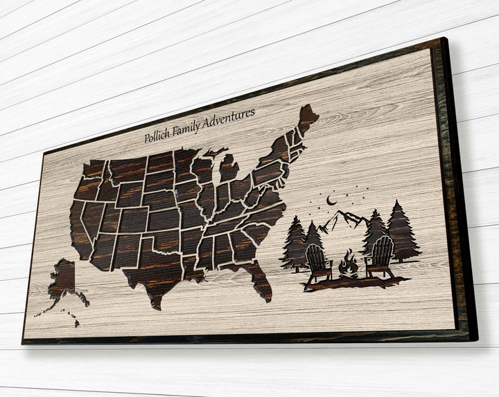 US Push Pin Camping Map - Wood Wall Art