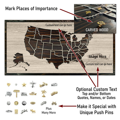 US Push Pin Camping Map - Wood Wall Art