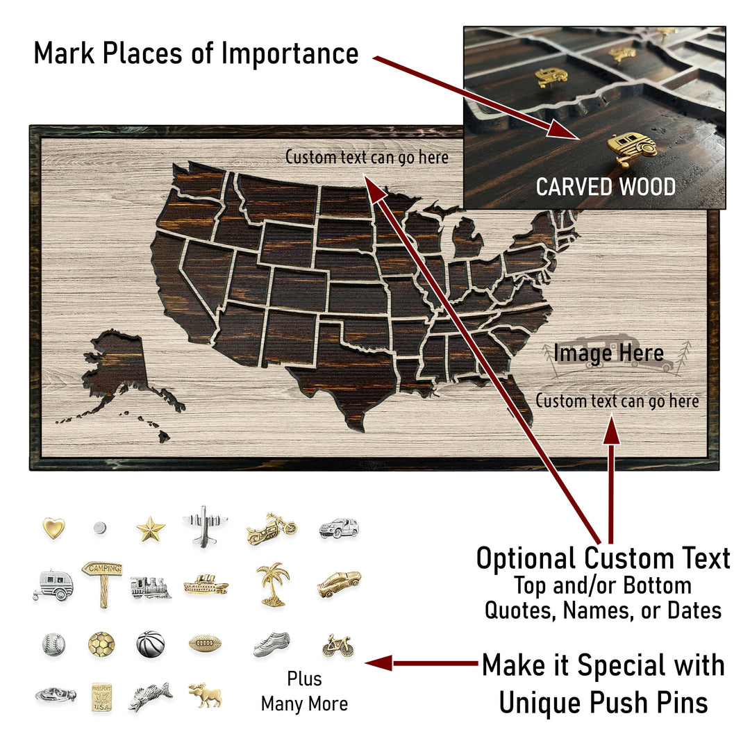 US map wall art and push pin maps for camping adventures