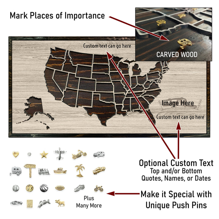 US map wall art and push pin maps for camping adventures
