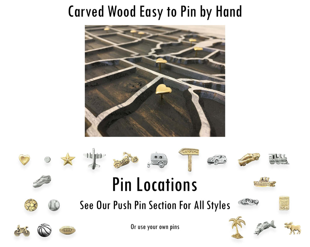 custom wooden push pin map - us map wood wall art that can be customized with your own text and mark locations with our unique push pins - excellent wedding anniversary gift idea
