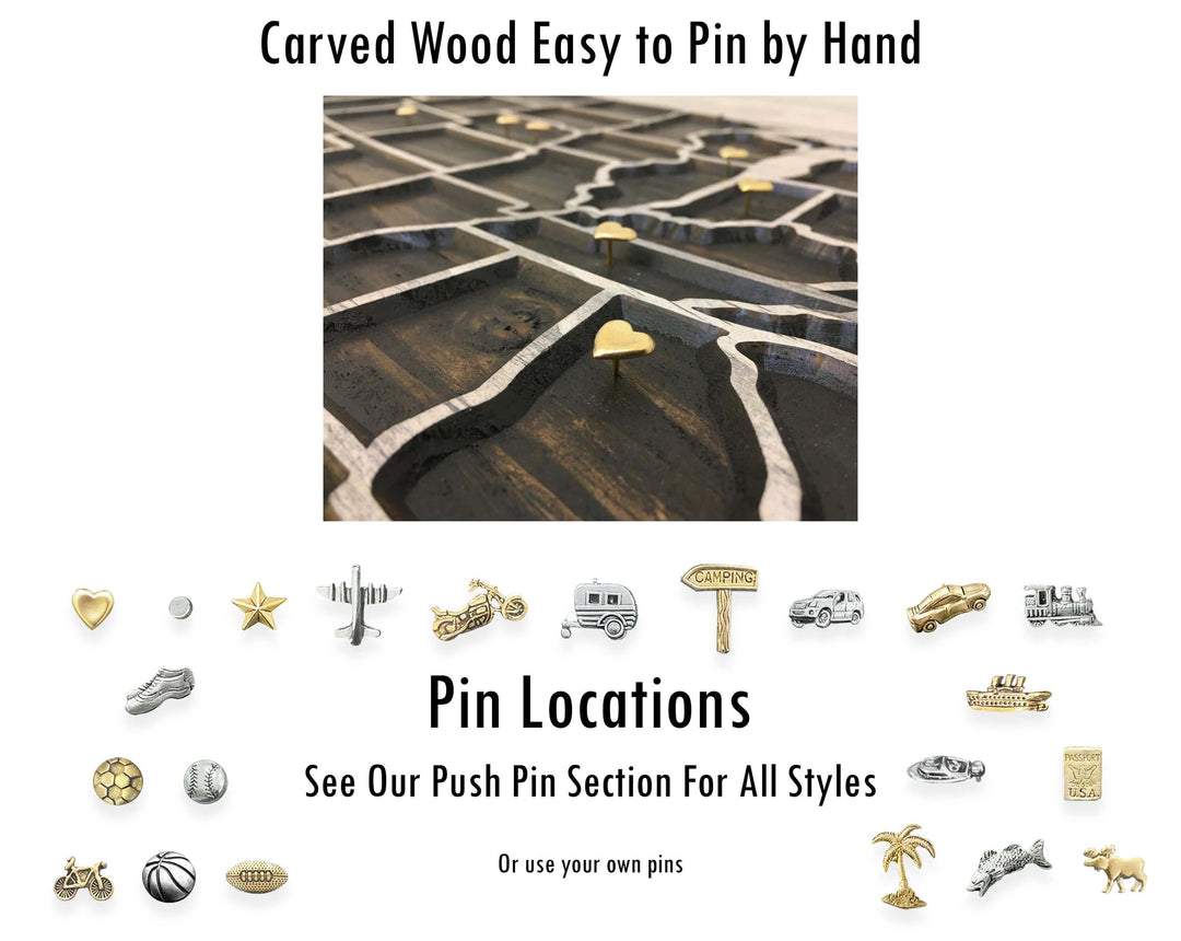 custom wooden push pin map - us map wood wall art that can be customized with your own text and mark locations with our unique push pins - excellent wedding anniversary gift idea