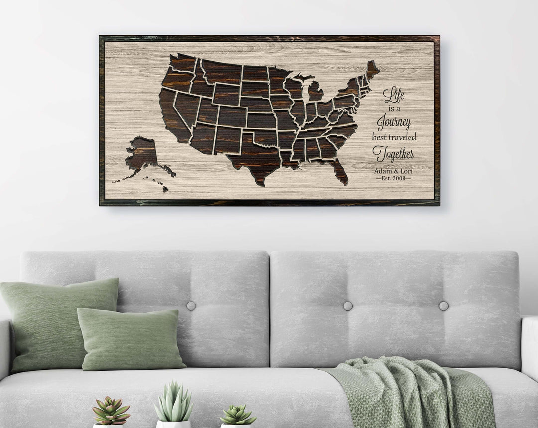 custom wooden push pin map - us map wood wall art that can be customized with your own text and mark locations with our unique push pins - excellent wedding anniversary gift idea