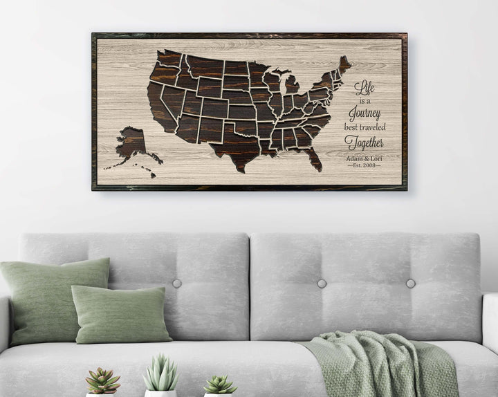 custom wooden push pin map - us map wood wall art that can be customized with your own text and mark locations with our unique push pins - excellent wedding anniversary gift idea