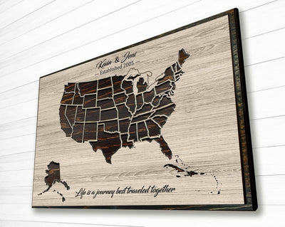 Custom US push pin map carved wood wall art with caribbean islands