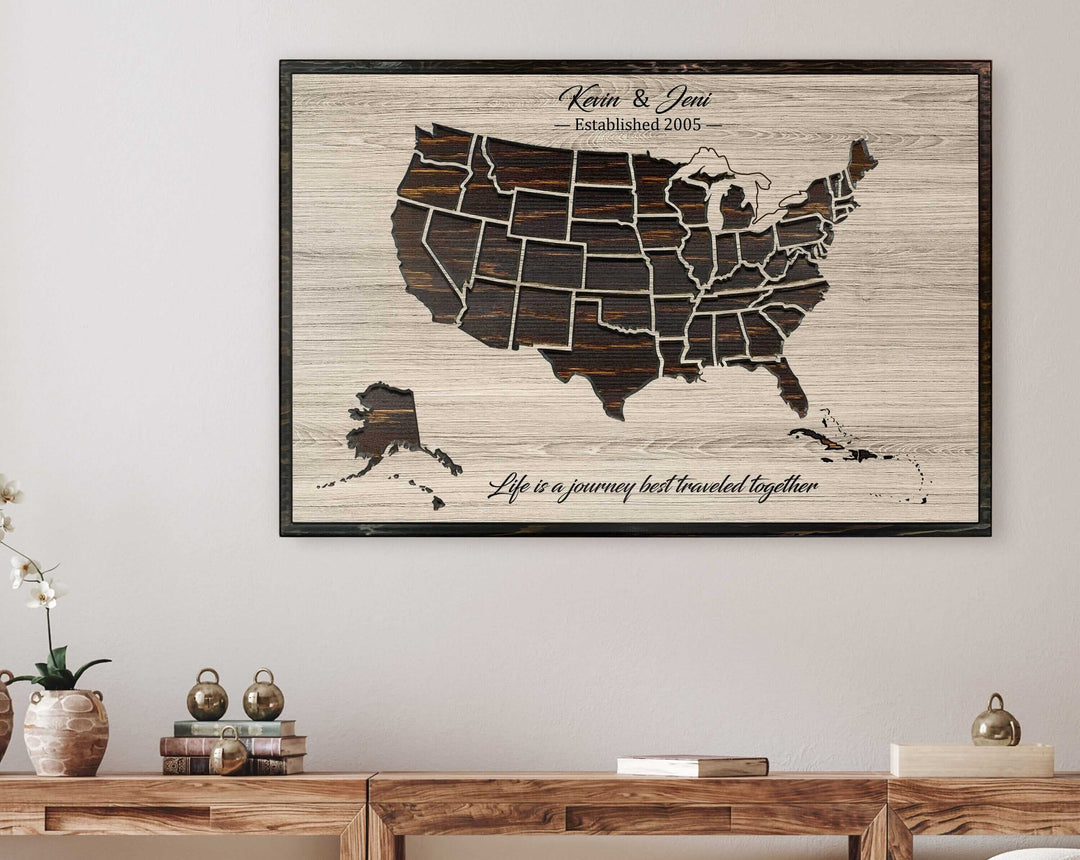 Custom US push pin map carved wood wall art with caribbean islands