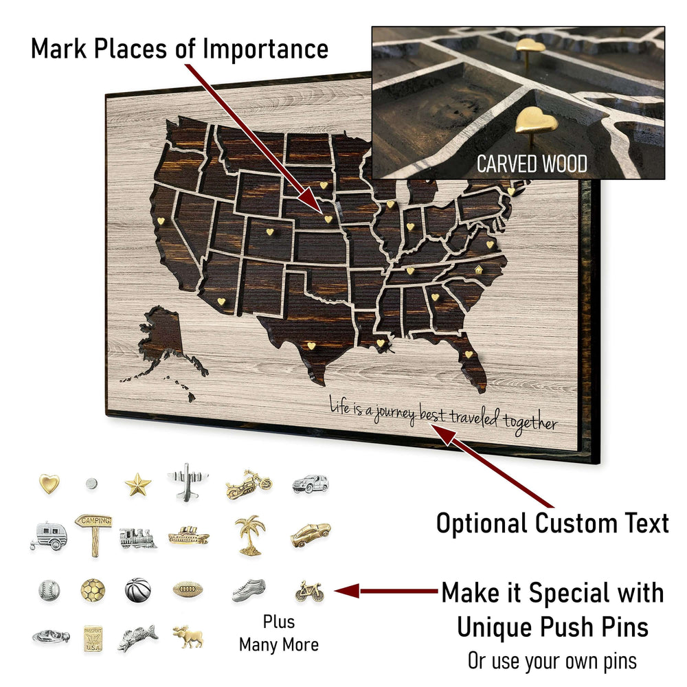 push pin map usa - carved wood US map art