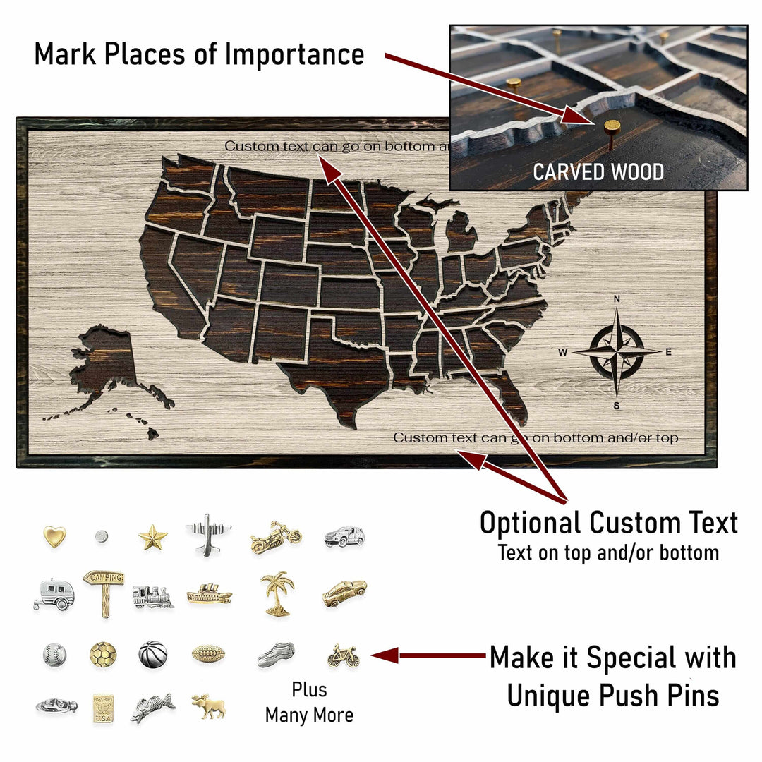 Custom wood carved us push pin map with compass