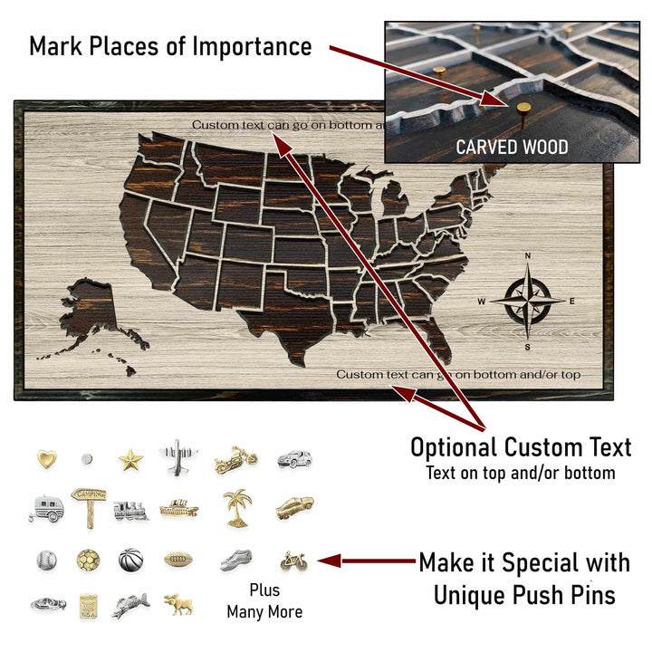 Custom wood carved us push pin map with compass
