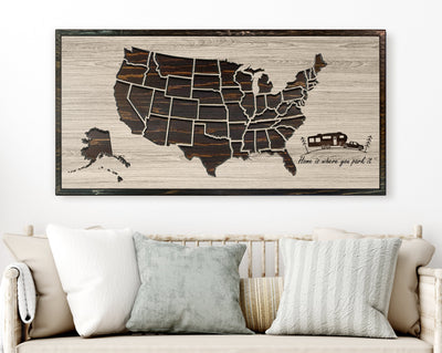US map wall art and push pin maps for camping adventures