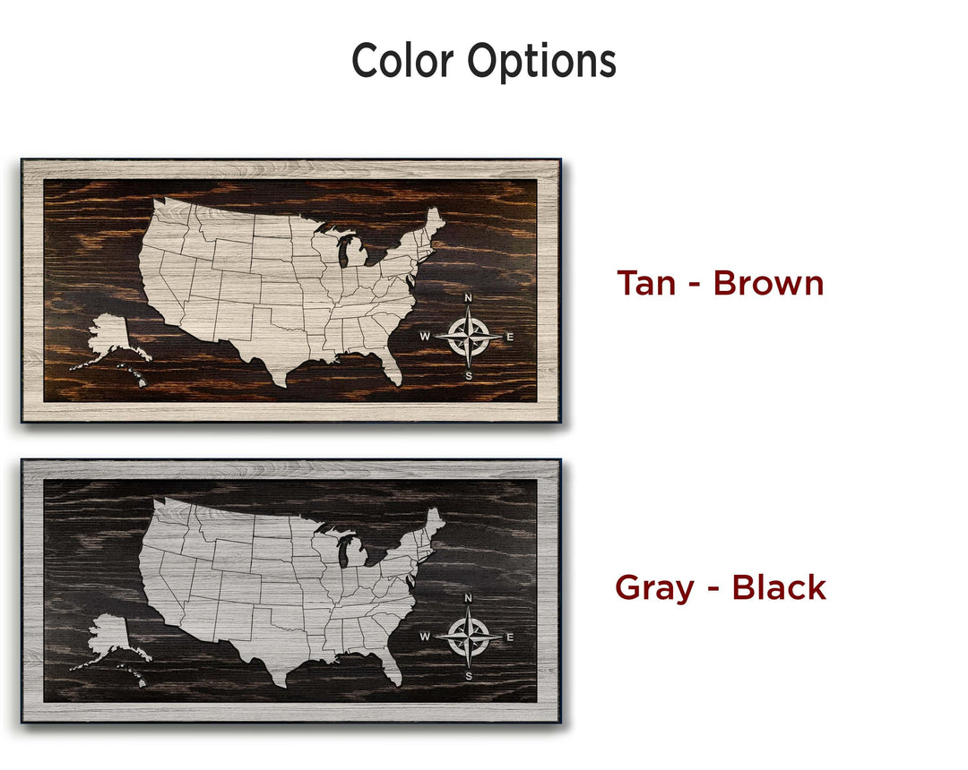 Custom us push pin map wood wall art carved into wood and personalized with your own text