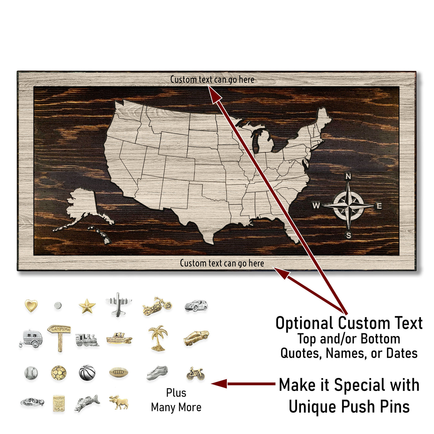 Custom us push pin map wood wall art carved into wood and personalized with your own text