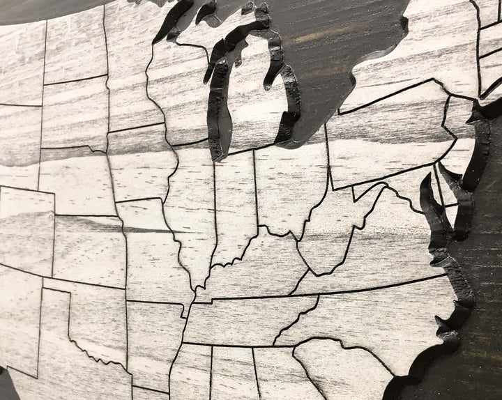Custom us push pin map wood wall art carved into wood and personalized with your own text