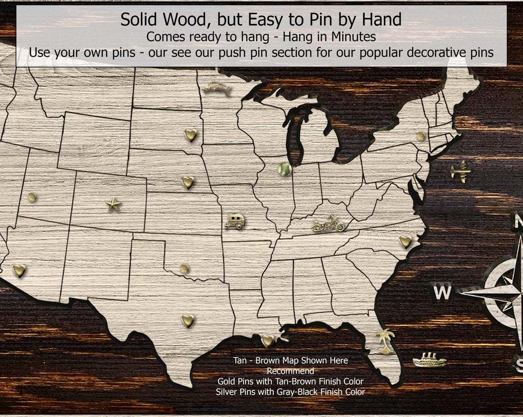 Custom us push pin map wood wall art carved into wood and personalized with your own text