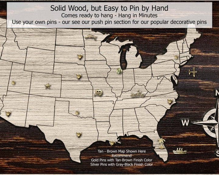 Custom us push pin map wood wall art carved into wood and personalized with your own text