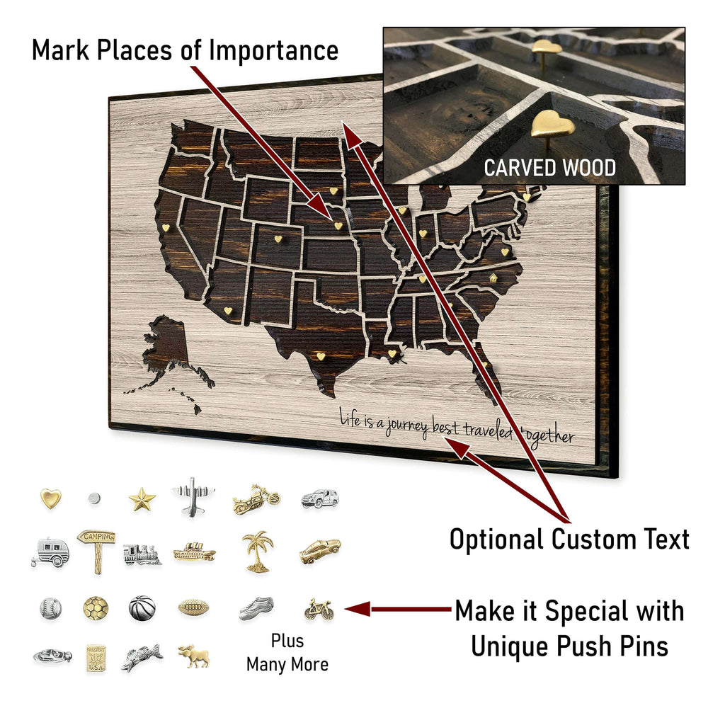 push pin map usa - carved wood US map art