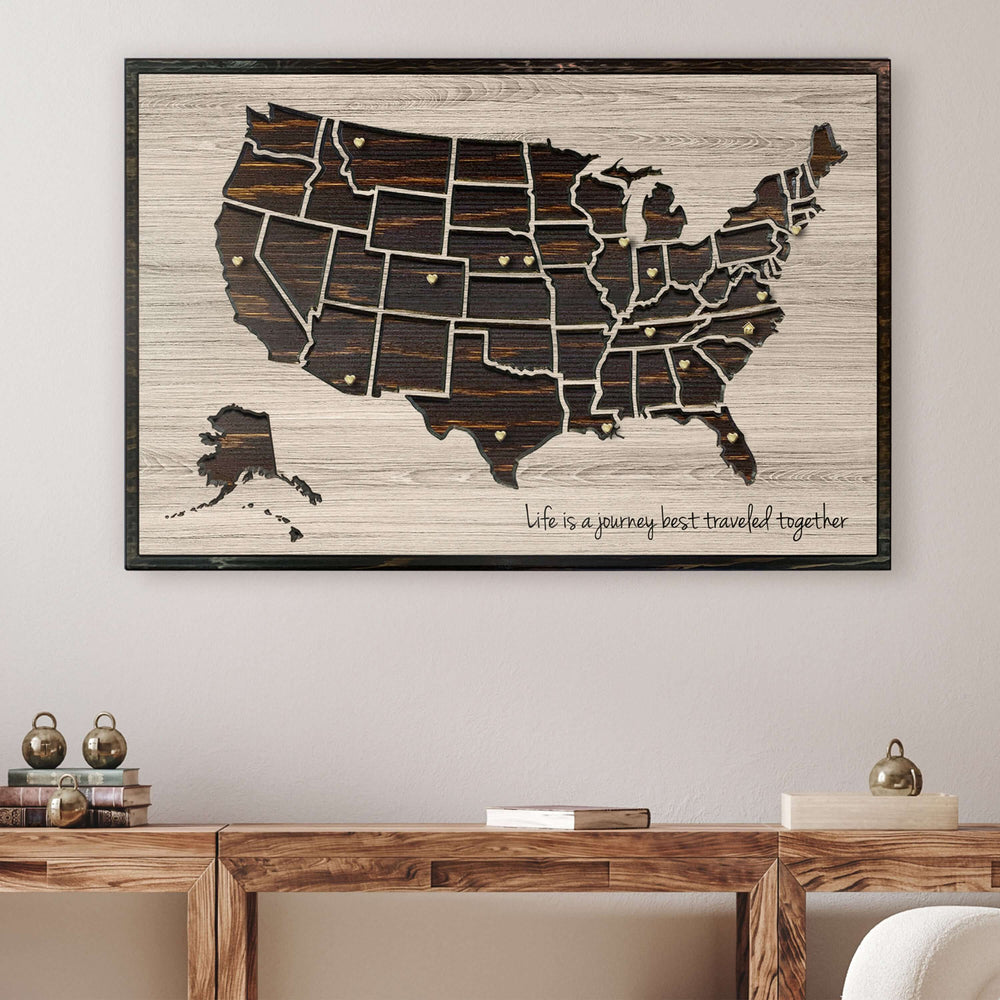 Custom made US push pin travel map to mark location throughout the United States. Carved into wood, and featuring the Howdy Owl wood finish, this is one of the most unique handcrafted push pin maps available. 