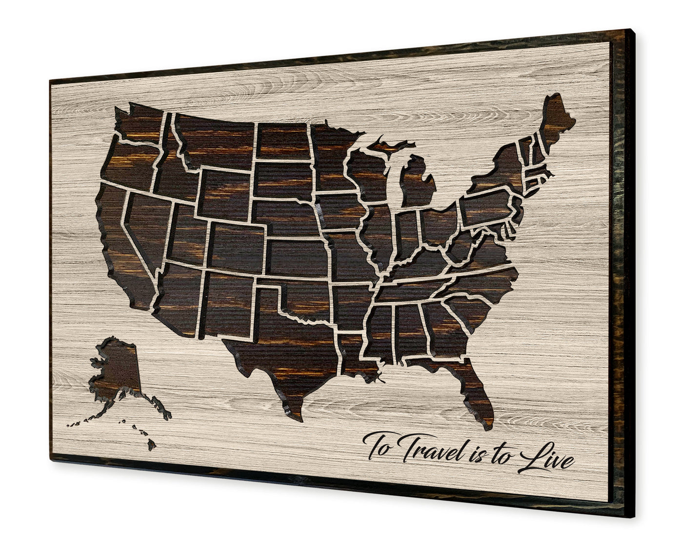 US Push Pin Travel Map personalized with your own text and use push pins to mark travels - To travel is to live adventure quote
