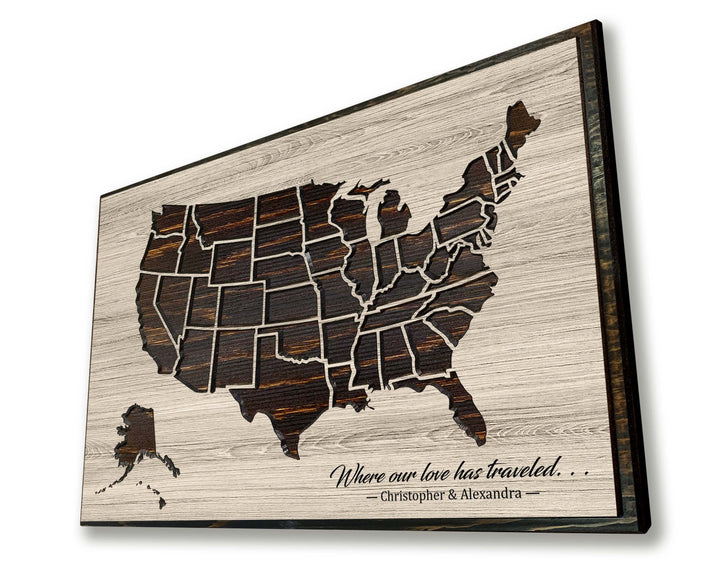 Custom US push pin travel map carved into wood and personalized with your own text - Anniversary gift idea - Use push pins to mark your travels