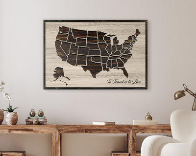 US Push Pin Travel Map personalized with your own text and use push pins to mark travels - To travel is to live adventure quote