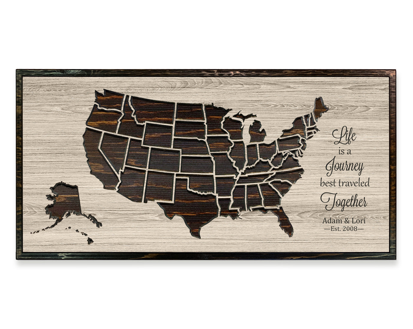 custom wooden push pin map - us map wood wall art that can be customized with your own text and mark locations with our unique push pins - excellent wedding anniversary gift idea