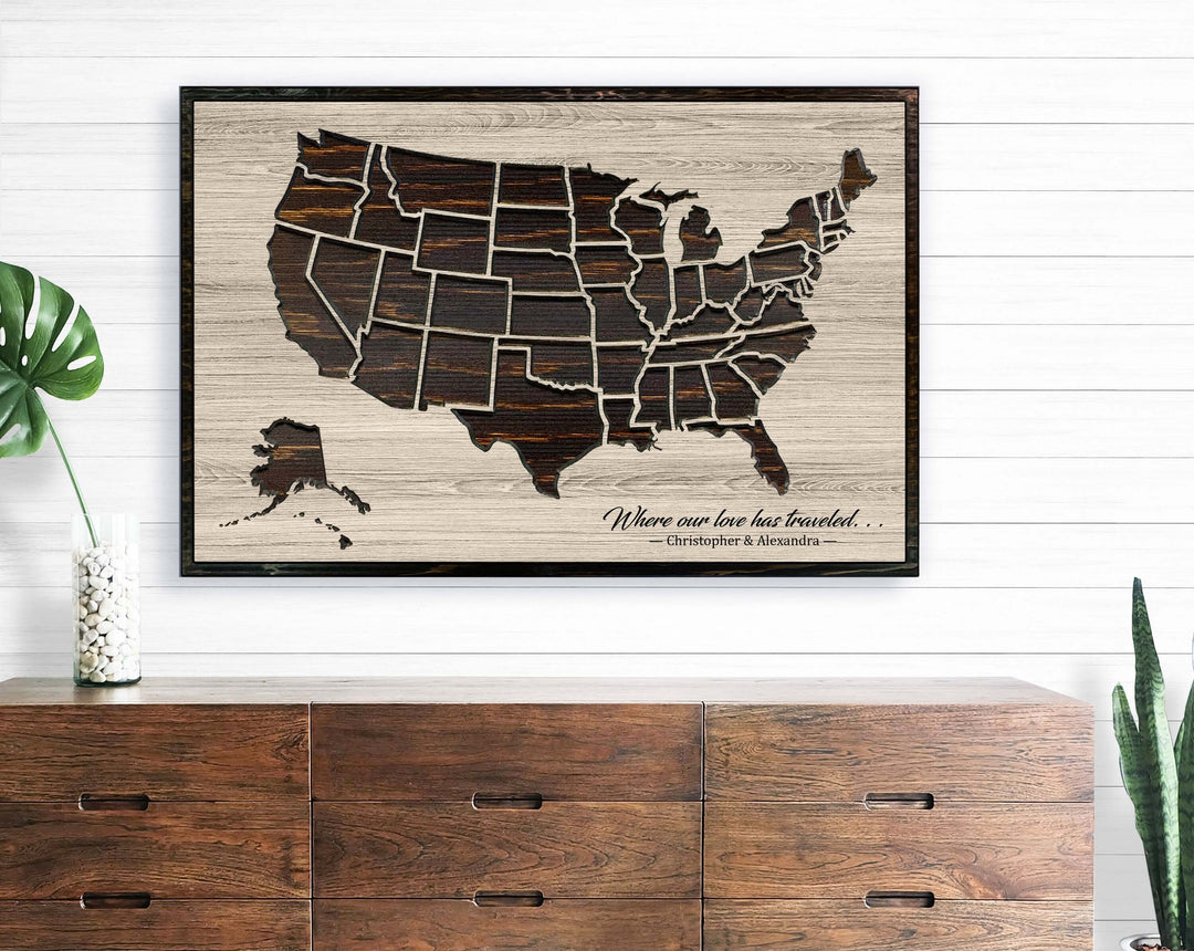 Custom US push pin travel map carved into wood and personalized with your own text - Anniversary gift idea - Use push pins to mark your travels