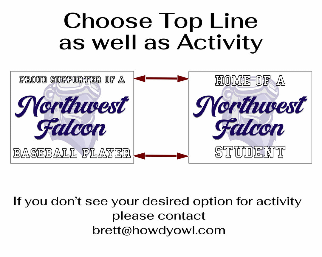 Personalized yard sign for Lincoln Northwest Falcons sports team player. The sign features the team logo in the center, surrounded by a background in team colors.