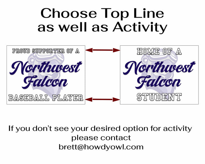 Personalized yard sign for Lincoln Northwest Falcons sports team player. The sign features the team logo in the center, surrounded by a background in team colors.
