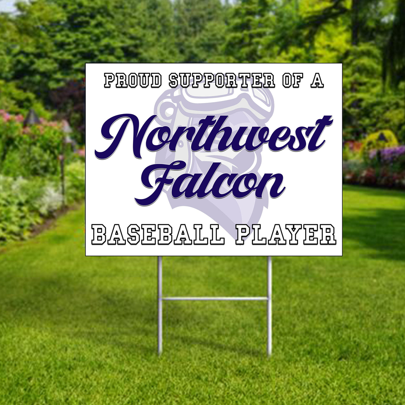 Personalized yard sign for Lincoln Northwest Falcons sports team player. The sign features the team logo in the center, surrounded by a background in team colors.