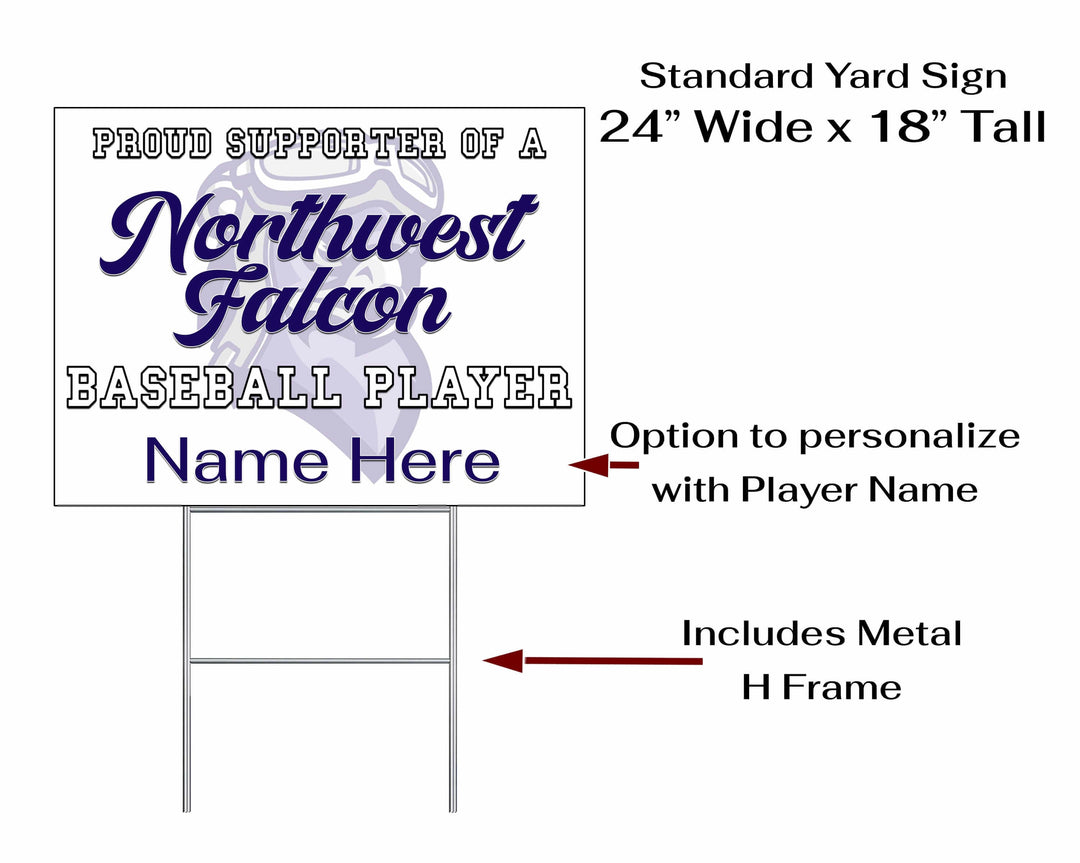 Personalized yard sign for Lincoln Northwest Falcons sports team player. The sign features the team logo in the center, surrounded by a background in team colors.