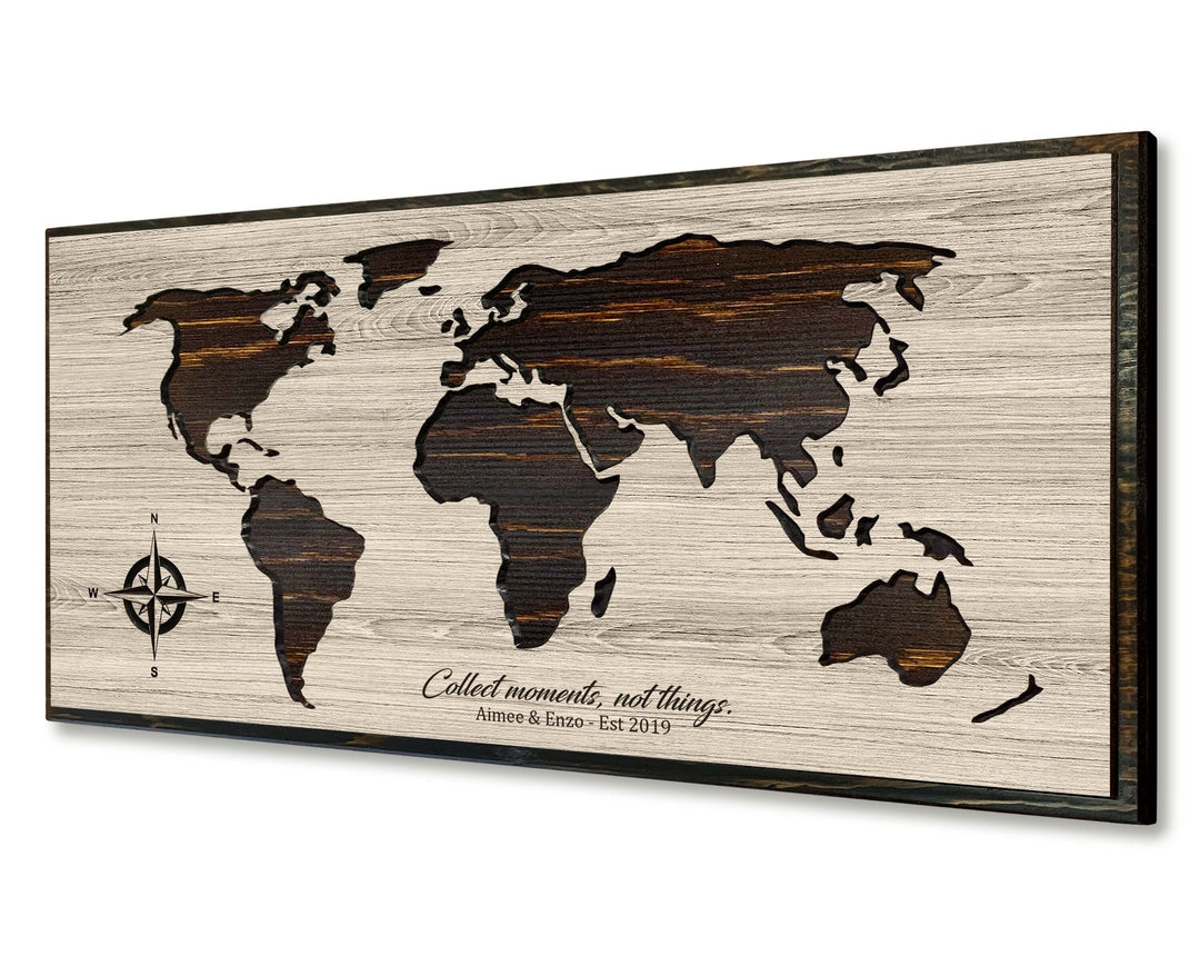Custom carved world map wood wall art that can be personalized with your own text. Use push pins to mark your travels. Perfect for home or office wall decor or a unique gift for friends &amp; family.