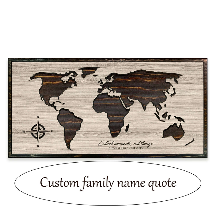 Custom carved world map wood wall art that can be personalized with your own text. Use push pins to mark your travels. Perfect for home or office wall decor or a unique gift for friends &amp; family.