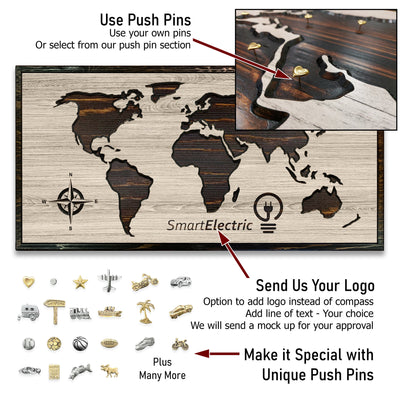 Custom business world map wall art - use push pins to mark locations
